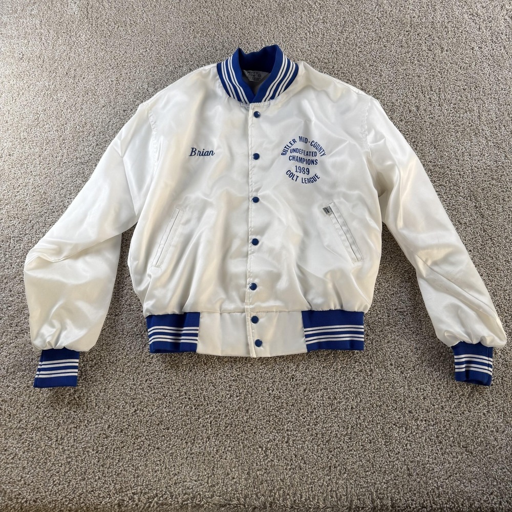 Vintage West Wind Jacket Mens Large White Satin Baseball Varsity Lyn-Hi Cougars